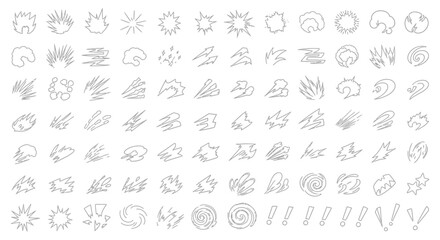 comic book manga action effect lines explosion and speed icons vector illustrating impact motion and shock for animation projects.