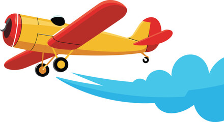 Yellow and red biplane flying with blue cloud trail behind it airplane © Frd Art