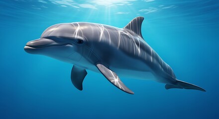 Naklejka premium Dolphin Swimming in Clear Blue Ocean Water Under Sunlight