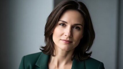 Obraz premium Confidence and A sophisticated portrait of a woman with a natural gaze and a subtle smile, embodying poise and confidence. She wears a professional attire, presenting a composed and approachable image