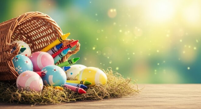 Easter basket with colorful eggs and candy on a wooden table