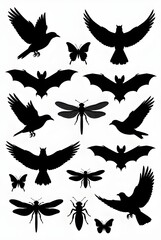Fototapeta premium Collection of Silhouettes of Flying Animals Birds, Bats, Dragonflies, and Butterflies