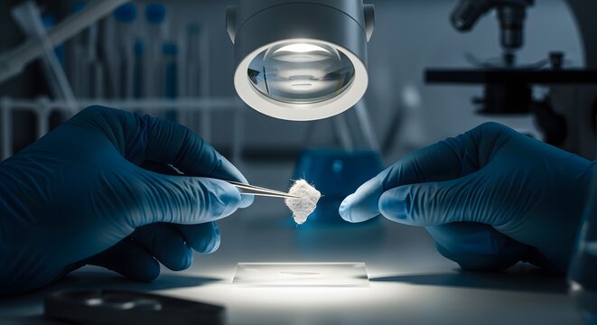 Scientist hands using tweezers to examine tissue sample. Laboratory research and forensic science. Professional wearing blue gloves analyzing a specimen under bright surgical light