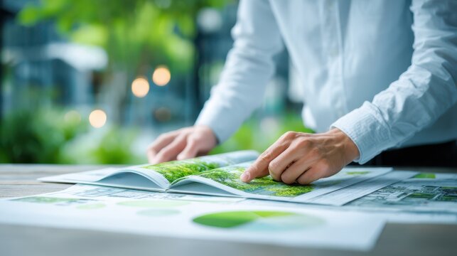 A person in a white shirt studies a green-themed magazine or brochure on a table, surrounded by natural light and blurred greenery in the background.