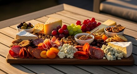 A bountiful assortment of gourmet cheeses cured meats fruits nuts honey and crackers elegantly arranged on a wooden serving board on transparent background