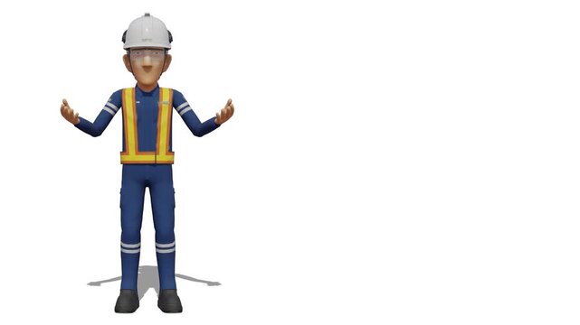 Industrial worker is presenting something on white background