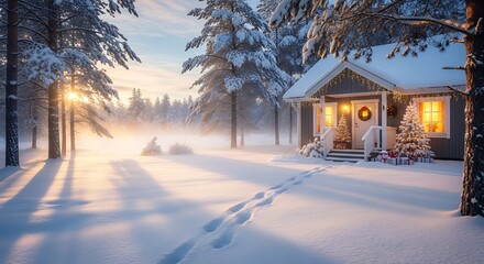 Cozy winter cabin nestled in a snowy forest with bright golden sunlight breaking through the frosted pine trees on transparent background