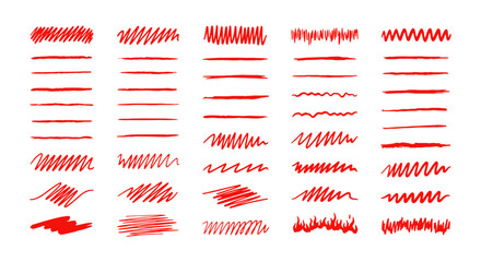 Obraz premium diverse set of red hand-drawn marker lines squiggles and underlines ideal for highlighting text editing and graphic design assets.