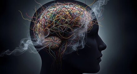 human head silhouette filled with a chaotic mess of colorful tangled wires and releasing smoke, representing mental burnout, technical overload, stress, and psychological breakdown