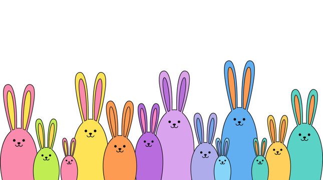 A colorful lineup of playful cartoon rabbits in pastel colors, a cute group of bunnies in a festive Easter-themed illustration.