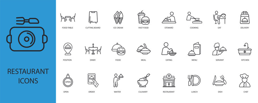 restaurant icons set outline and Flat Style,transparent background