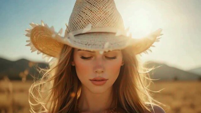 A young woman with flowing hair wears a straw hat, standing in a sunlit field at golden hour with mountains in the background. video
