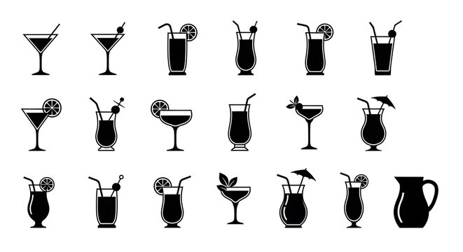 Assortment of cocktail drink glass silhouette icons on white