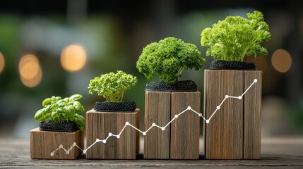Naklejka premium Four wooden blocks of different heights with growing green plants on top, connected by a white upward trending graph line.