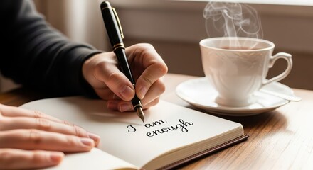 Person writes a positive affirmation into an open journal beside a steaming cup of hot beverage