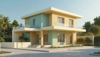 Fototapeta premium Modern two story house with flat roof features pastel color scheme of yellow and green. building has large windows and glass balcony, surrounded by paved driveway and lush greenery
