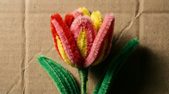 Colorful pipe cleaner tulip flower on cardboard background handmade craft with red pink yellow petals