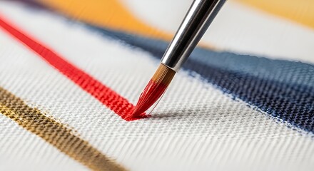 Fototapeta premium Close-up of a paintbrush applying red paint to a canvas with striped background