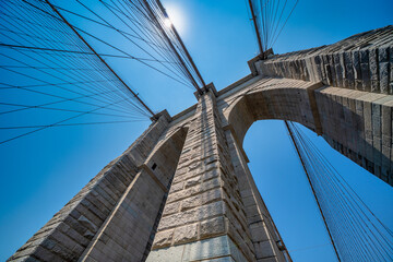 Fototapeta premium Brooklyn Bridge walkway perspective with cables and urban cityscape of NYC