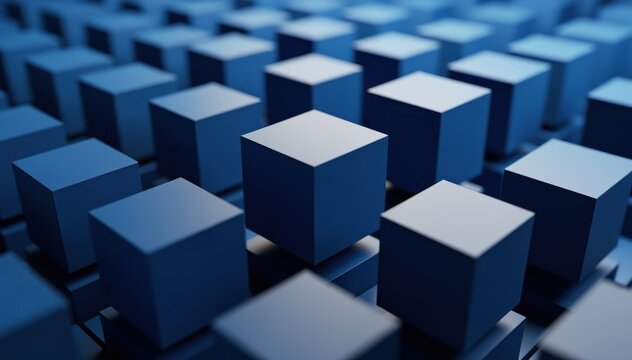 Blue Cubes: An abstract arrangement of blue cubes, showcasing geometric precision and modern design, with each facet reflecting a sense of depth and dimensionality. 