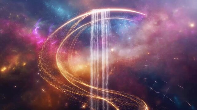 Animated digital artwork showcasing abstract cosmic structures with dynamic light patterns curved lines celestial elements and ethereal effects in a colorful dreamy background