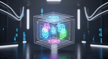 Abstract holographic cube displaying neon glowing technological interface icons representing data processing and complex artificial intelligence systems on transparent background