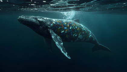 Fototapeta premium illustration of marine pollution with plastic waste with a whale filled with plastic waste
