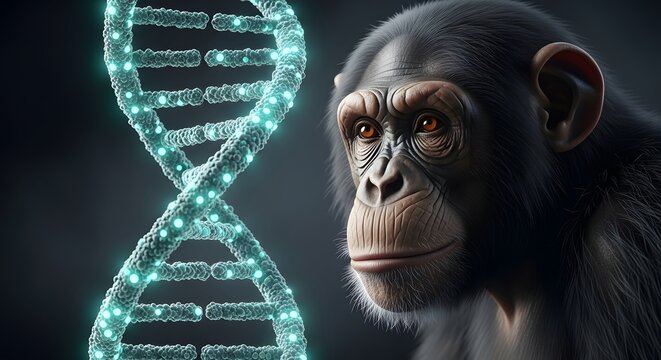 Genomic mapping and primate biotechnology research. Scientific DNA sequencing. Chimpanzee profile view with a bright glowing genetic helix on a dark background
