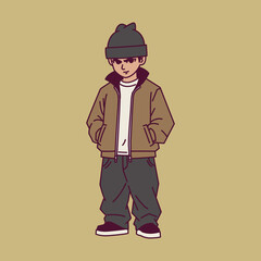 Cool urban streetwear boy illustration in minimalist flat art style
