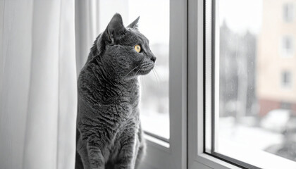 Close-up of a beautiful grey cat looking out the window at green garden