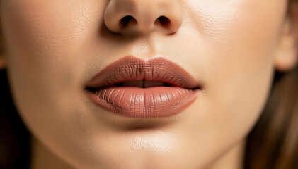 Fototapeta premium Subtle Allure: A captivating close-up of a face, focusing on the beautifully shaped lips, exuding a sense of understated elegance and confidence. The skin tone glows with a natural radiance.