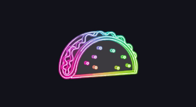 Single taco icon, neon glowing outline style, vibrant electric colors, black background, centered composition, modern nightlife food branding concept.
