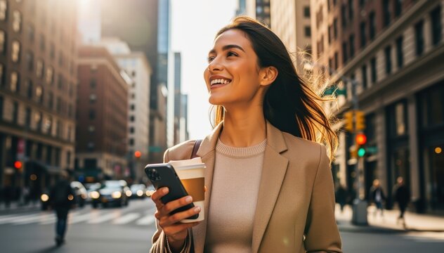 Urban Explorer: A confident individual strolls through a bustling city, smartphone in hand, while clutching a takeaway coffee. Warm sunlight bathes the urban landscape. 