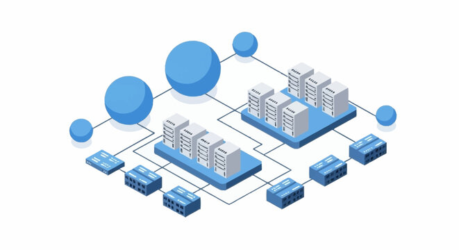 3D illustration of a cloud computing network infrastructure with servers and databases.