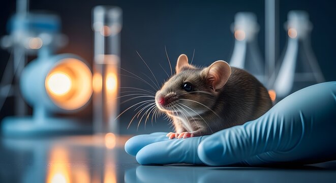 Lab mouse held by a scientist in a blue surgical glove. Veterinary medicine and animal welfare. Person holding a small brown rodent for observation in a high-tech laboratory setting