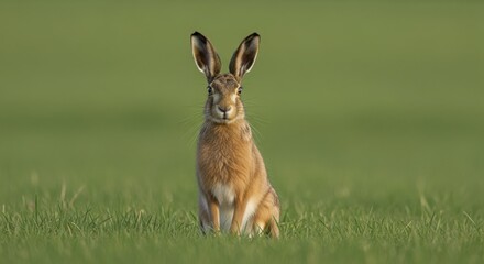 Brown hare standing in green grass field