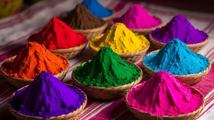 Vibrant colored powder in small bowls for Holi festival celebration, traditional Indian festival, colorful background, flat lay