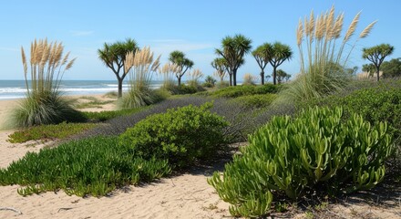 Obraz premium Coastal Dune Landscape with Native Vegetation and Trees.