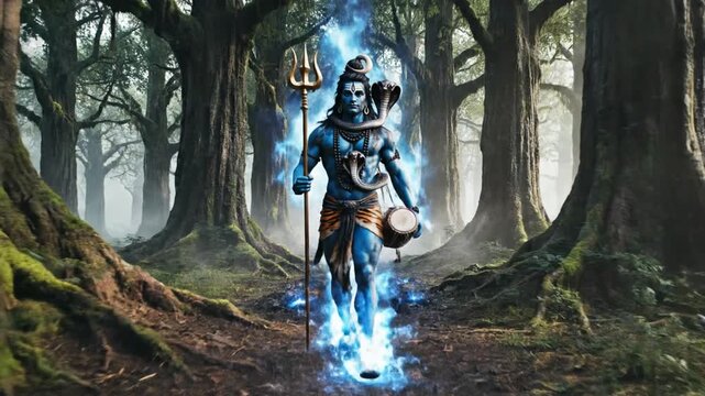 Hindu deity Shiva walking in ancient forest with divine blue energy