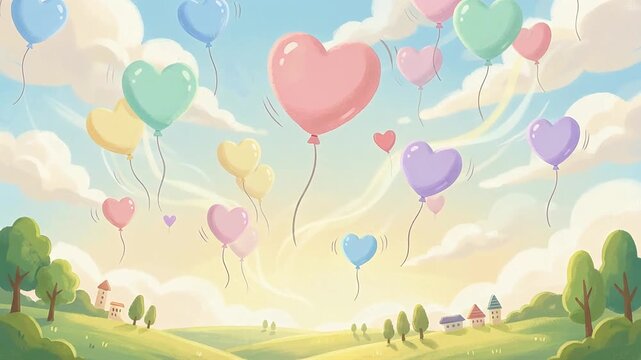 Whimsical animation of colorful heart shaped balloons drifting over a serene landscape with fireflies