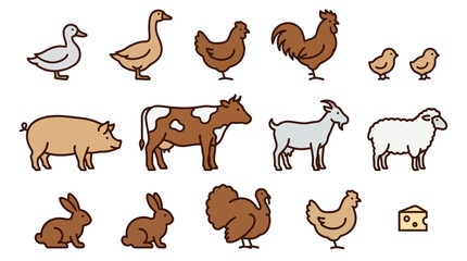 Fototapeta premium Cute farm animals clipart set featuring chickens, roosters, pigs, cows, goats, sheep, rabbits, turkeys, and a cheese wedge illustration