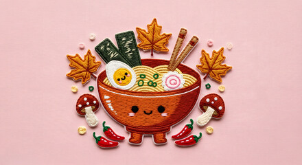 Cute ramen bowl character with smiling face, topped with egg, seaweed, mushrooms, and autumn leaves in soft pastel kawaii style.