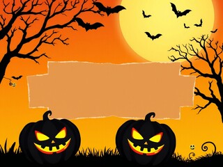 Spooky halloween scene with jack o lanterns and bats under a full moon