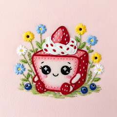 Adorable strawberry cup dessert character topped with whipped cream and fresh strawberry in soft pastel kawaii style.