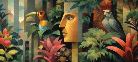 Fototapeta premium Handsome Face Hidden in Lush Tropical Rainforest with Exotic Birds and Wildlife, Bright Colorful Illustration Art, Left Copy Space for Advertising Banner Design