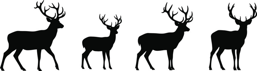 Obraz premium Four deer silhouettes with antlers facing left, wildlife vector illustration symbolizing forest animals, nature, strength, balance, hunting, art