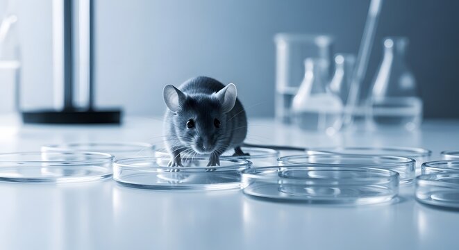 Gray mouse standing among sterile petri dishes. Microbiological research and bacterial testing. Small rodent exploring glass plates on lab bench