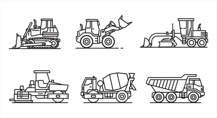 Construction Vehicle Icon Set – Heavy Machinery Line Vector for Engineering and Infrastructure Work © RNB DESIGN