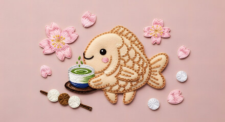 Adorable taiyaki fish pastry character holding a cup of tea in soft pastel kawaii style.