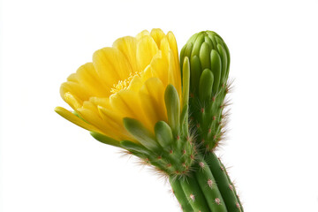 Fototapeta premium Yellow cactus flower blooming on prickly green stem against white background